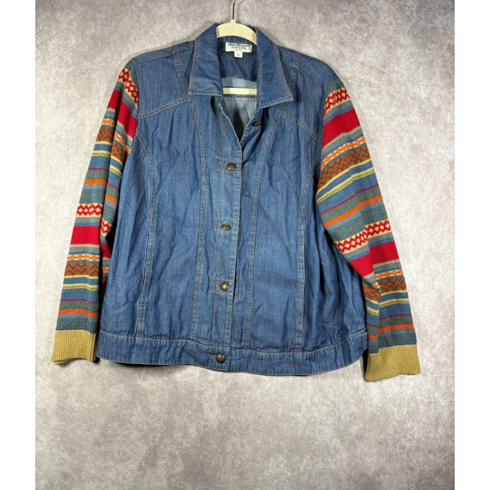 Norm Thompson Jacket Women 1X Blue Denim Mixed Media Southwest Aztec Knit Sleeve